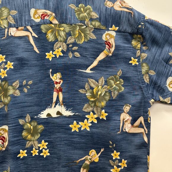 Campa Moda VTG 80s-90s Rayon Hawaiian Shirt Pinup Girls Blue Floral Korea L - Picture 7 of 7